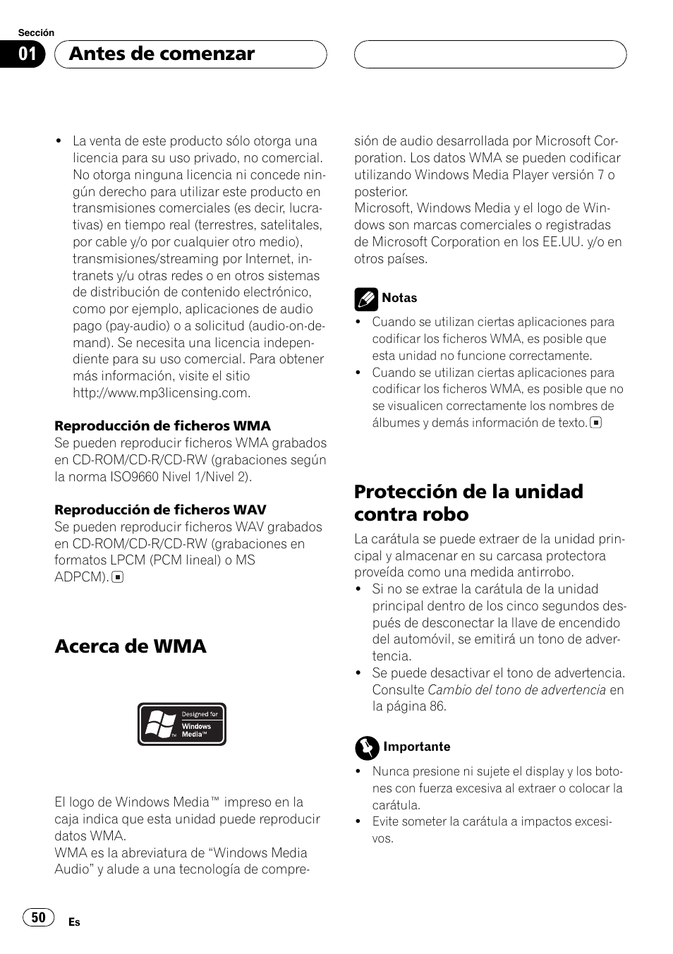 Acerca de wma 50, Protección de la unidad contra robo 50, Acerca de wma | Protección de la unidad contra robo, Antes de comenzar | Pioneer DEH-P3600MPB User Manual | Page 50 / 95