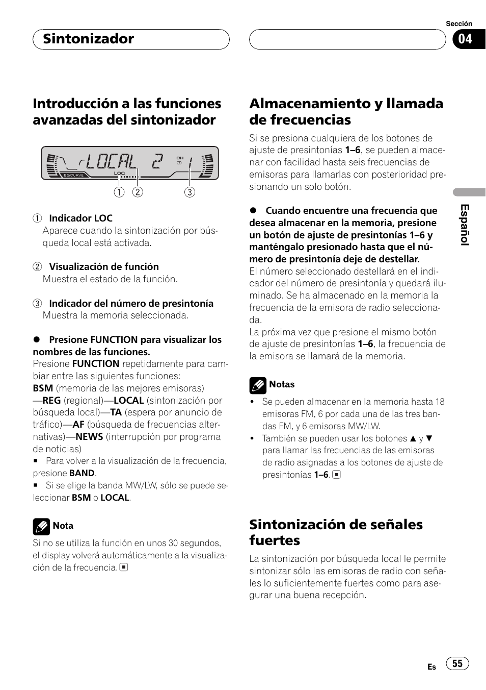 Introducción a las funciones avanzadas del, Sintonizador 55, Almacenamiento y llamada de | Frecuencias 55, Sintonización de señales fuertes 55, Almacenamiento y llamada de frecuencias, Sintonización de señales fuertes, Sintonizador | Pioneer DEH-P3600MPB User Manual | Page 55 / 95