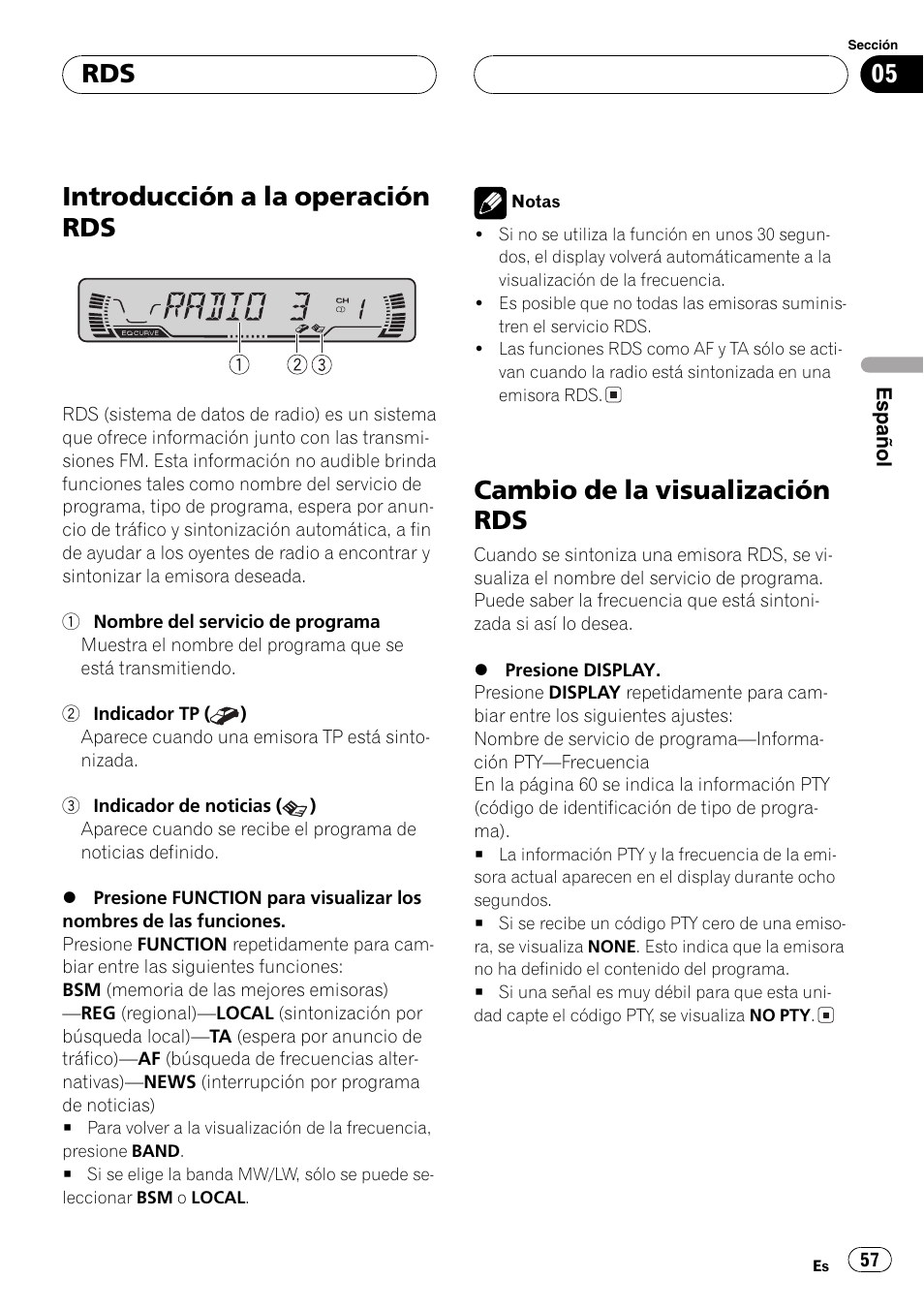 Introducción a la operación rds 57, Cambio de la visualización rds 57, Introducción a la operación rds | Cambio de la visualización rds | Pioneer DEH-P3600MPB User Manual | Page 57 / 95