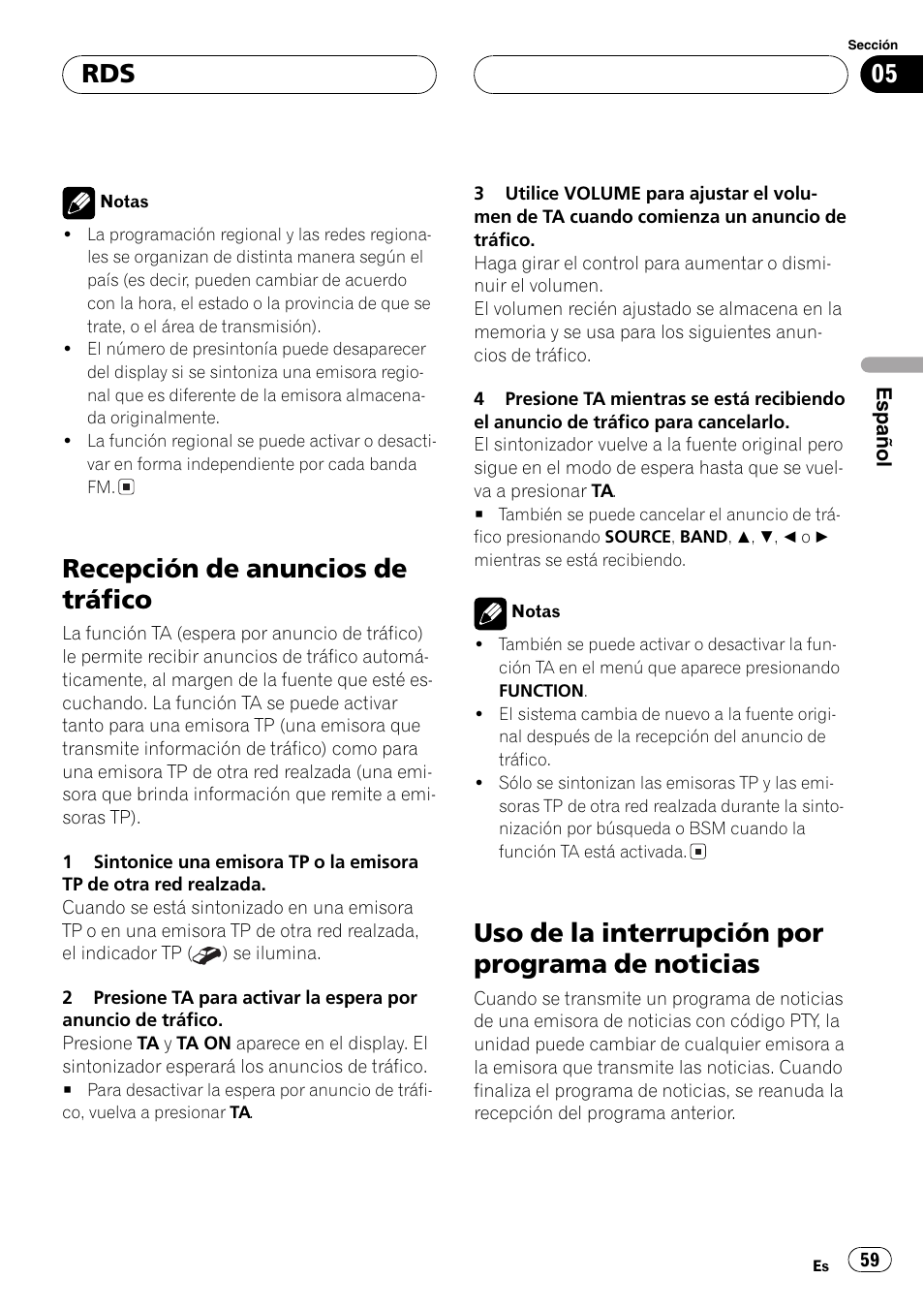 Recepción de anuncios de tráfico 59, Uso de la interrupción por programa de, Noticias 59 | Recepción de anuncios de tráfico, Uso de la interrupción por programa de noticias | Pioneer DEH-P3600MPB User Manual | Page 59 / 95