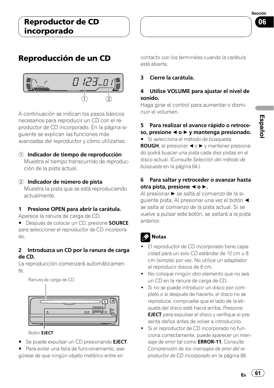Reproductor de cd incorporado, Reproducción de un cd 61, Reproducción de un cd | Pioneer DEH-P3600MPB User Manual | Page 61 / 95