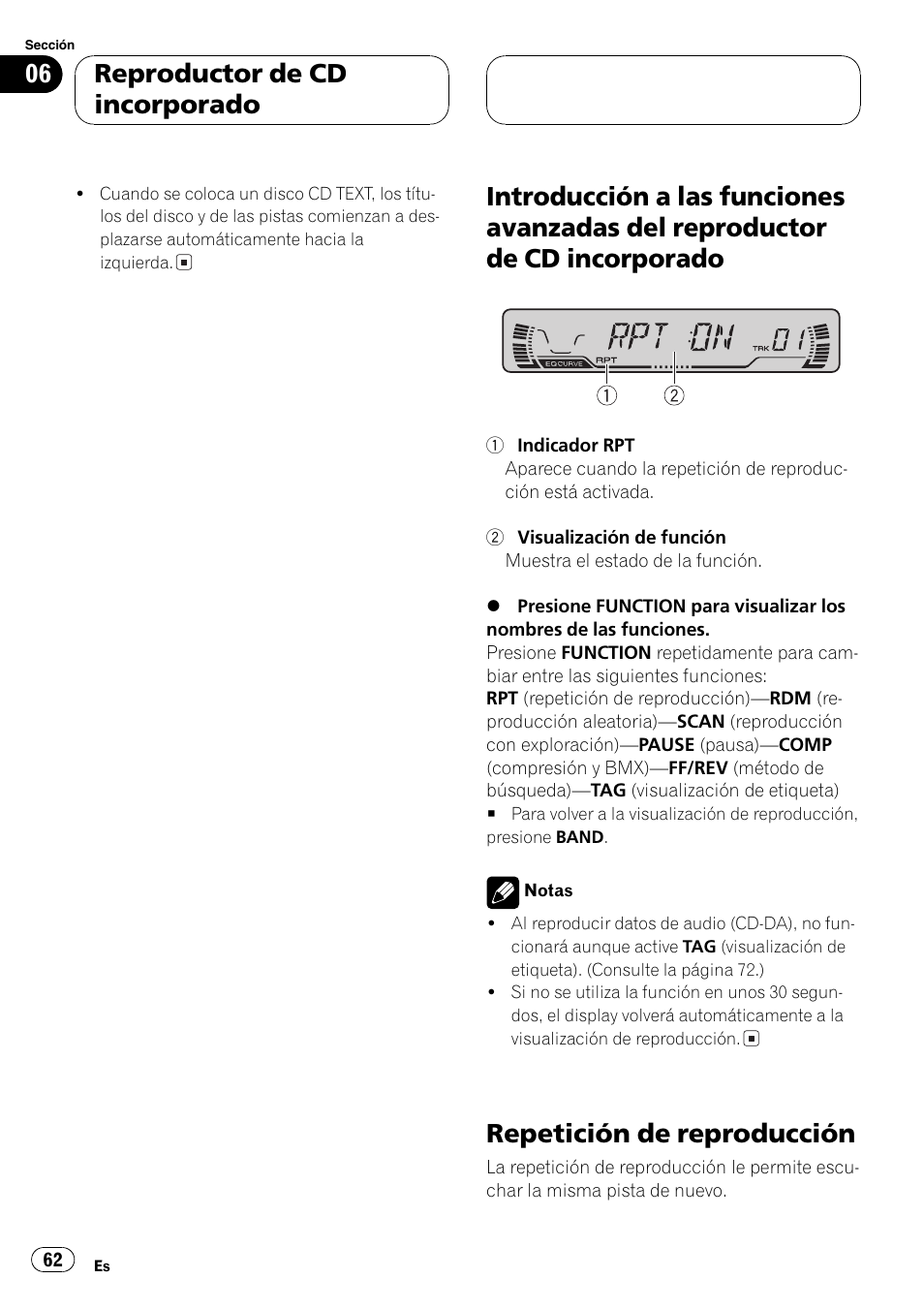 Introducción a las funciones avanzadas del, Reproductor de cd incorporado 62, Repetición de reproducción 62 | Guiente, Repetición de reproducción, Reproductor de cd incorporado | Pioneer DEH-P3600MPB User Manual | Page 62 / 95
