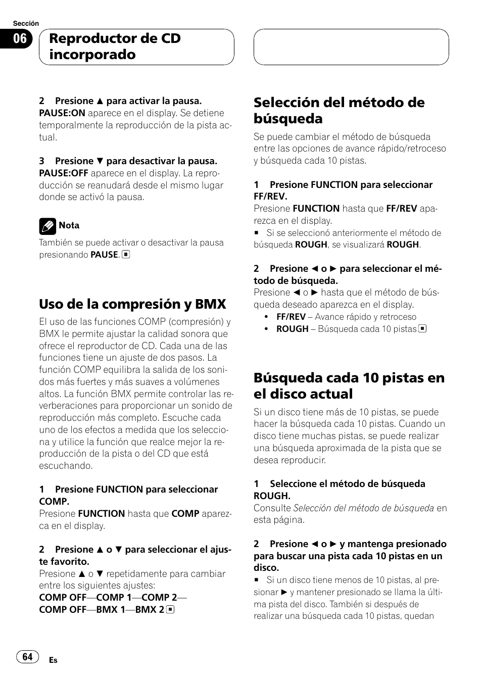Uso de la compresión y bmx 64, Selección del método de búsqueda 64, Búsqueda cada 10 pistas en el disco | Actual 64, Uso de la compresión y bmx, Selección del método de búsqueda, Búsqueda cada 10 pistas en el disco actual, Reproductor de cd incorporado | Pioneer DEH-P3600MPB User Manual | Page 64 / 95