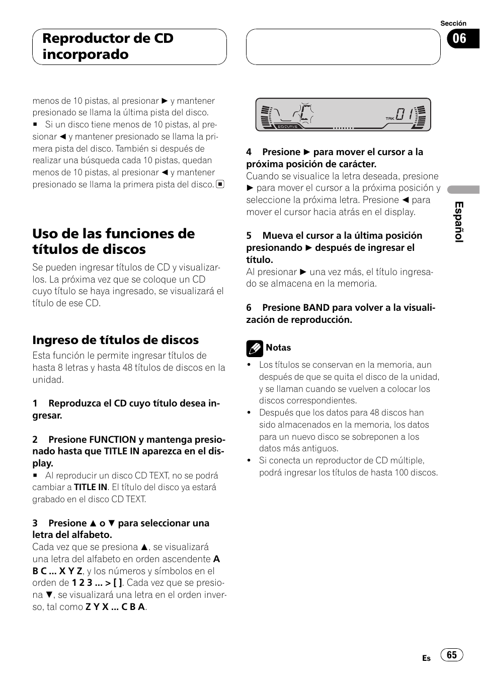 Uso de las funciones de títulos de discos 65, Ingreso de títulos de discos 65, Uso de las funciones de títulos de discos | Reproductor de cd incorporado, Ingreso de títulos de discos | Pioneer DEH-P3600MPB User Manual | Page 65 / 95