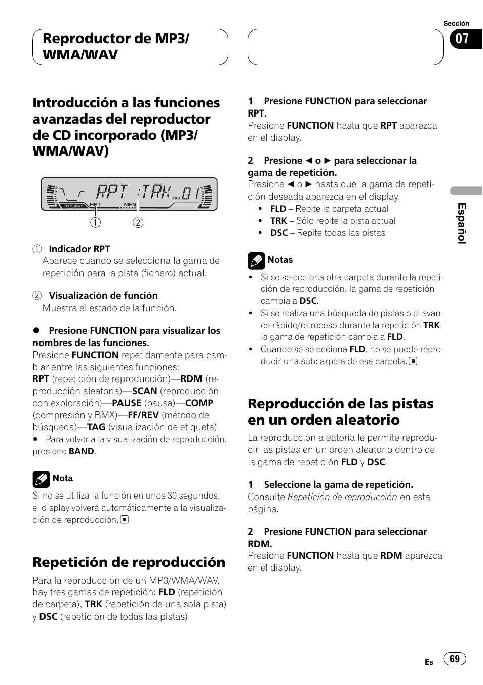 Introducción a las funciones avanzadas del, Reproductor de cd incorporado (mp3, Wma/wav) 69 | Repetición de reproducción 69, Reproducción de las pistas en un orden, Aleatorio 69, Repetición de reproducción, Reproducción de las pistas en un orden aleatorio, Reproductor de mp3/ wma/wav | Pioneer DEH-P3600MPB User Manual | Page 69 / 95