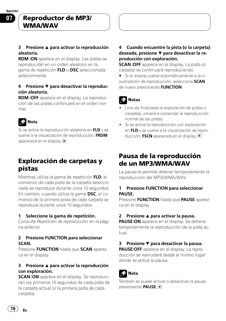 Exploración de carpetas y pistas 70, Pausa de la reproducción de un mp3/wma, Wav 70 | Exploración de carpetas y pistas, Pausa de la reproducción de un mp3/wma/wav, Reproductor de mp3/ wma/wav | Pioneer DEH-P3600MPB User Manual | Page 70 / 95