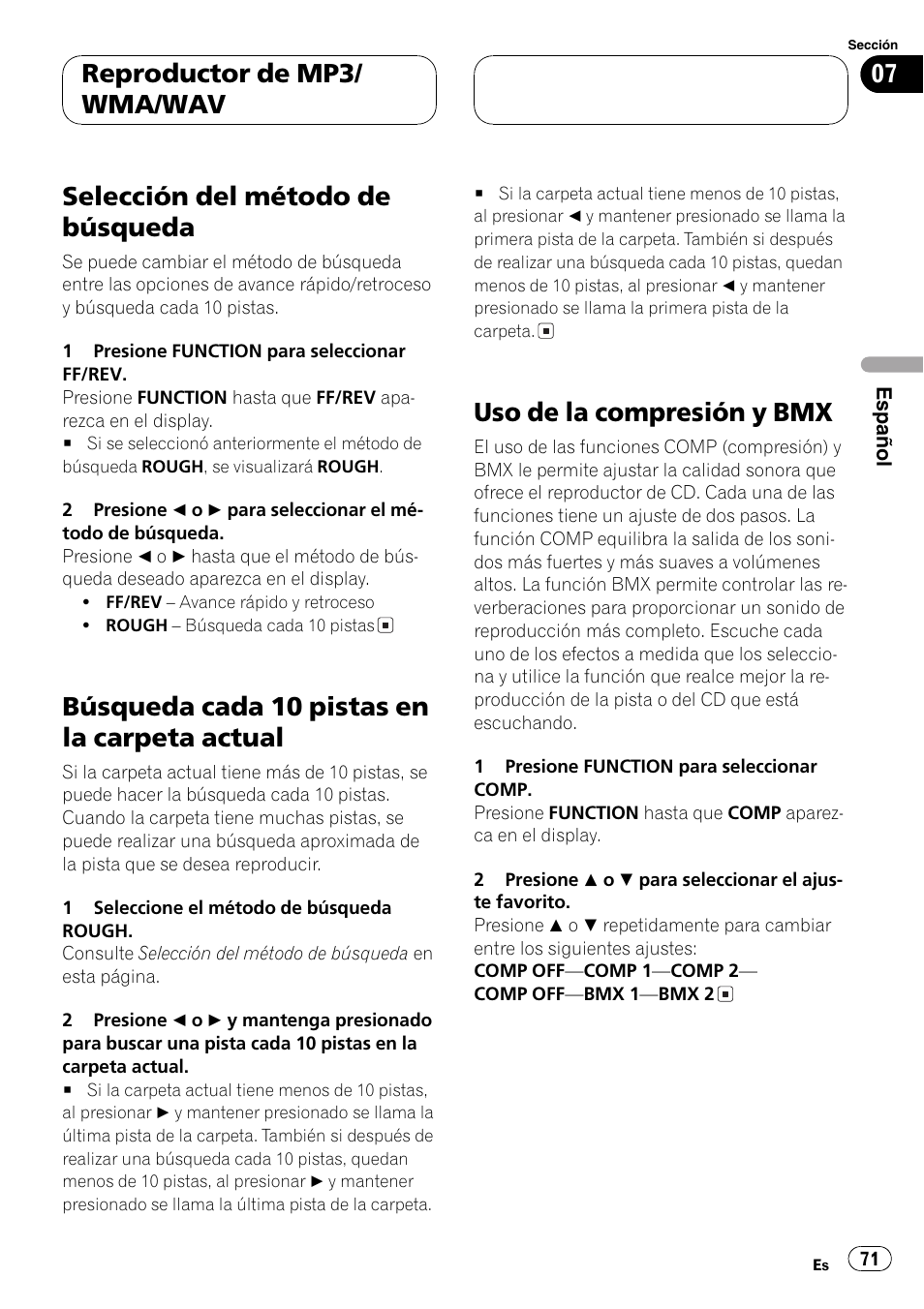 Selección del método de búsqueda 71, Búsqueda cada 10 pistas en la carpeta, Actual 71 | Uso de la compresión y bmx 71, Selección del método de búsqueda, Búsqueda cada 10 pistas en la carpeta actual, Uso de la compresión y bmx, Reproductor de mp3/ wma/wav | Pioneer DEH-P3600MPB User Manual | Page 71 / 95