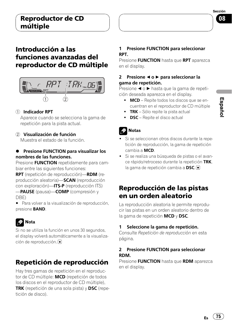 Introducción a las funciones avanzadas del, Reproductor de cd múltiple 75, Repetición de reproducción 75 | Reproducción de las pistas en un orden, Aleatorio 75, Repetición de reproducción, Reproducción de las pistas en un orden aleatorio, Reproductor de cd múltiple | Pioneer DEH-P3600MPB User Manual | Page 75 / 95