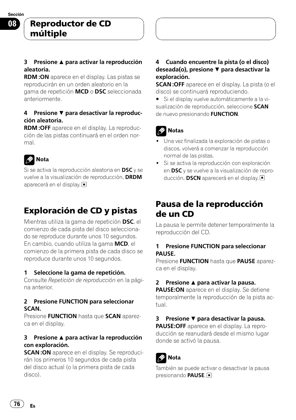Exploración de cd y pistas 76, Pausa de la reproducción de un cd 76, Exploración de cd y pistas | Pausa de la reproducción de un cd, Reproductor de cd múltiple | Pioneer DEH-P3600MPB User Manual | Page 76 / 95
