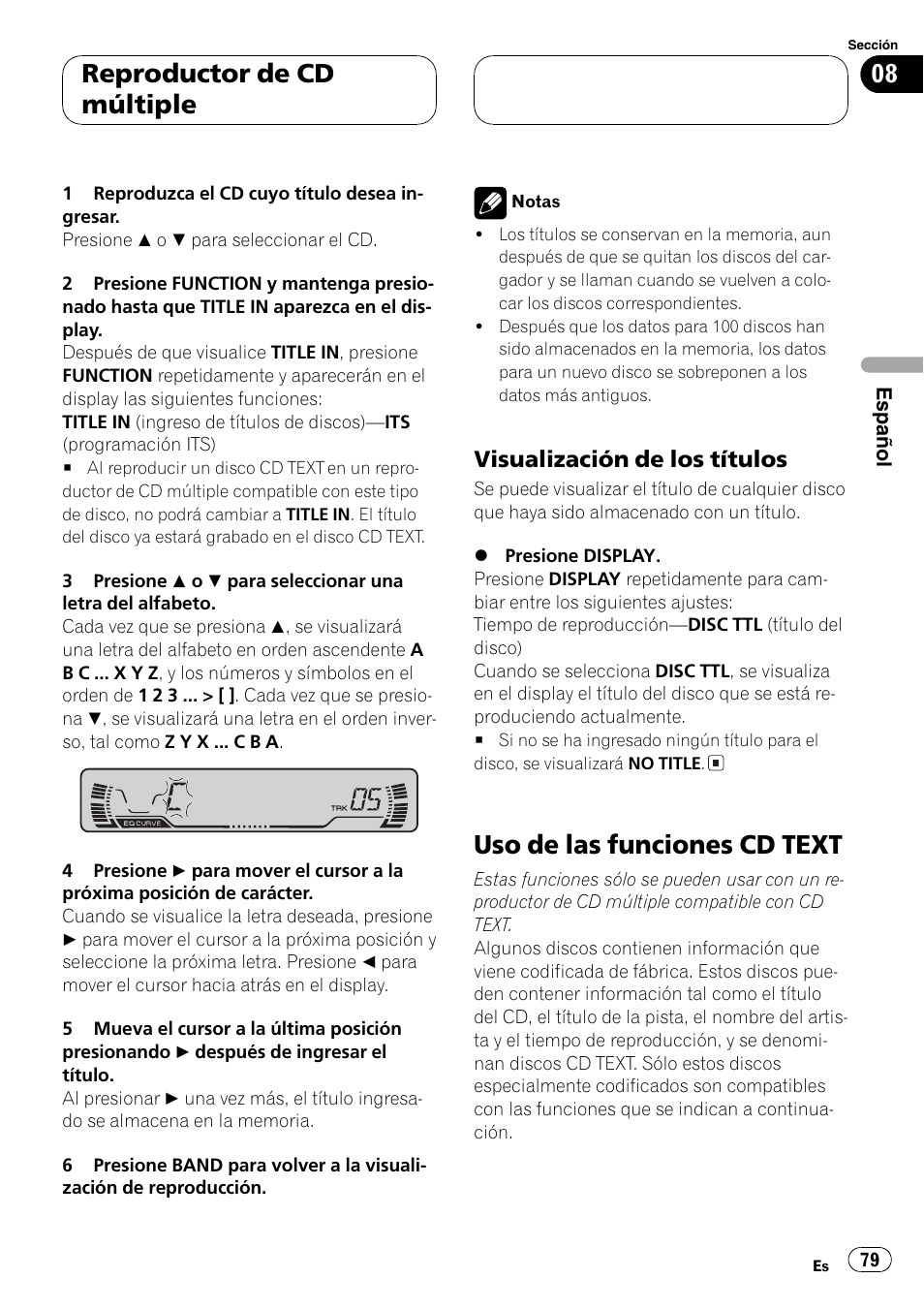 Visualización de los títulos 79, Uso de las funciones cd text 79, Uso de las funciones cd text | Reproductor de cd múltiple, Visualización de los títulos | Pioneer DEH-P3600MPB User Manual | Page 79 / 95