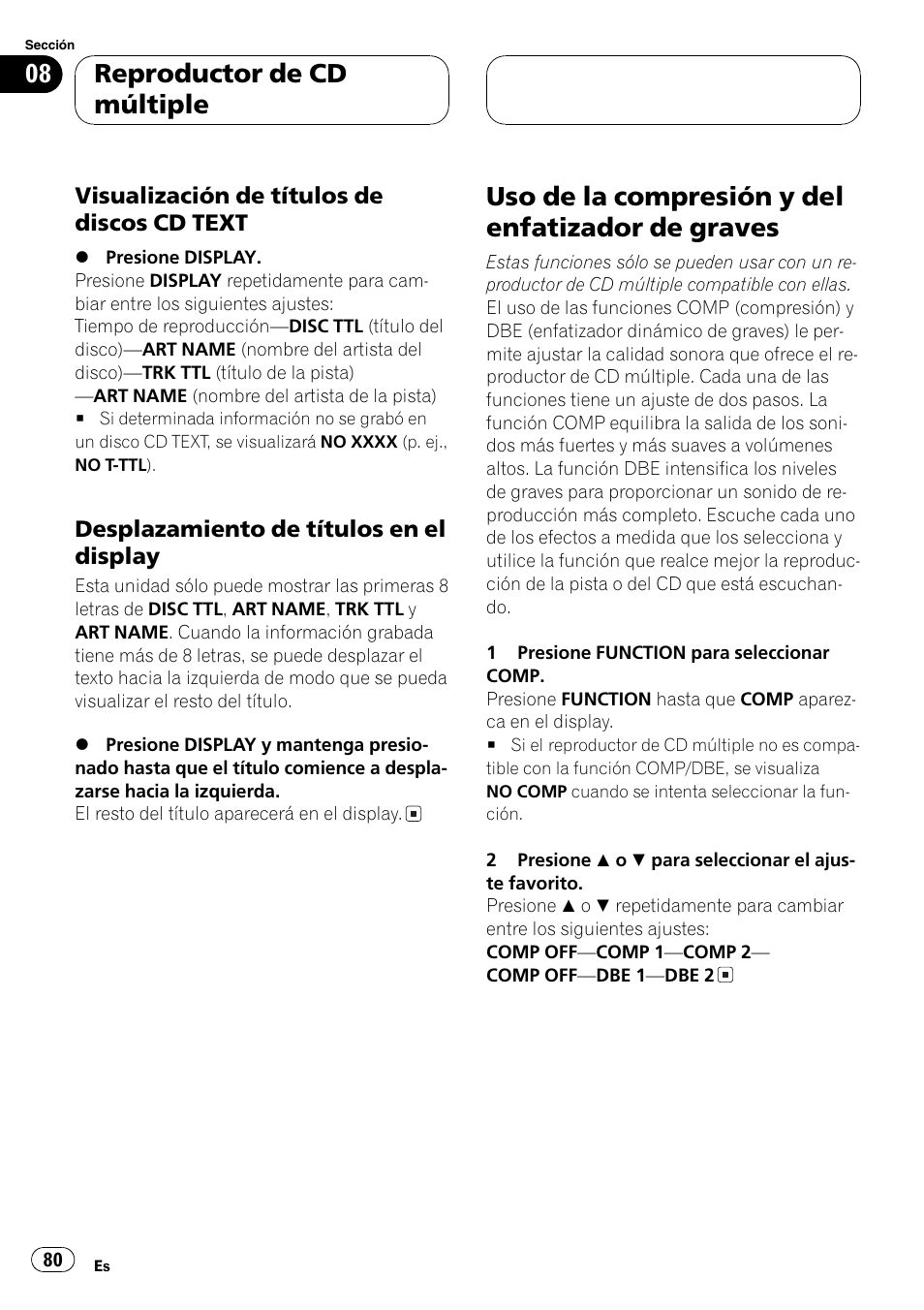Visualización de títulos de discos cd, Text 80, Desplazamiento de títulos en el | Display 80, Uso de la compresión y del enfatizador de, Graves 80, Uso de la compresión y del enfatizador de graves, Reproductor de cd múltiple | Pioneer DEH-P3600MPB User Manual | Page 80 / 95