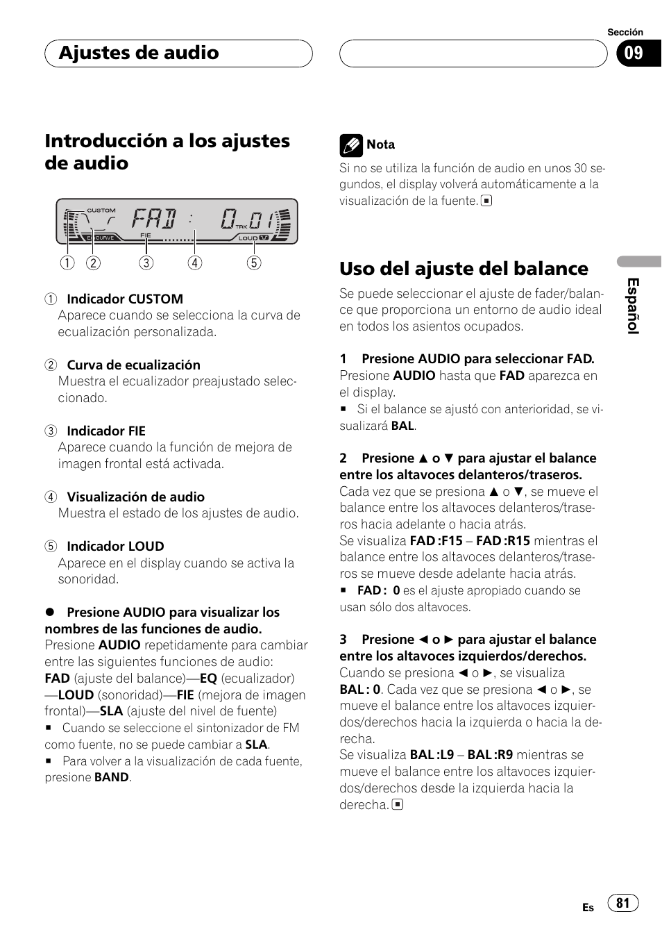 Ajustes de audio, Introducción a los ajustes de audio 81, Uso del ajuste del balance 81 | Introducción a los ajustes de audio, Uso del ajuste del balance | Pioneer DEH-P3600MPB User Manual | Page 81 / 95