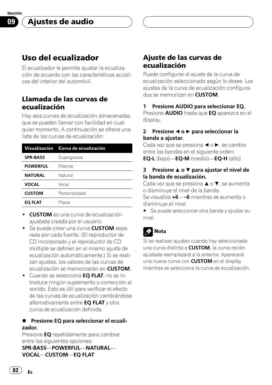 Uso del ecualizador 82, Llamada de las curvas de, Ecualización 82 | Ajuste de las curvas de, Uso del ecualizador, Ajustes de audio, Llamada de las curvas de ecualización, Ajuste de las curvas de ecualización | Pioneer DEH-P3600MPB User Manual | Page 82 / 95
