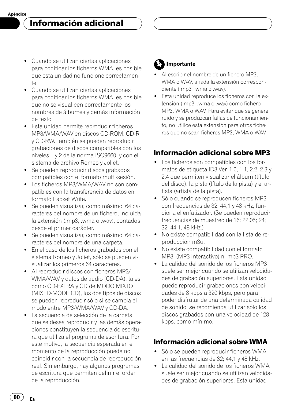 Información adicional sobre mp3 90, Información adicional sobre, Wma 90 | Información adicional, Información adicional sobre mp3, Información adicional sobre wma | Pioneer DEH-P3600MPB User Manual | Page 90 / 95