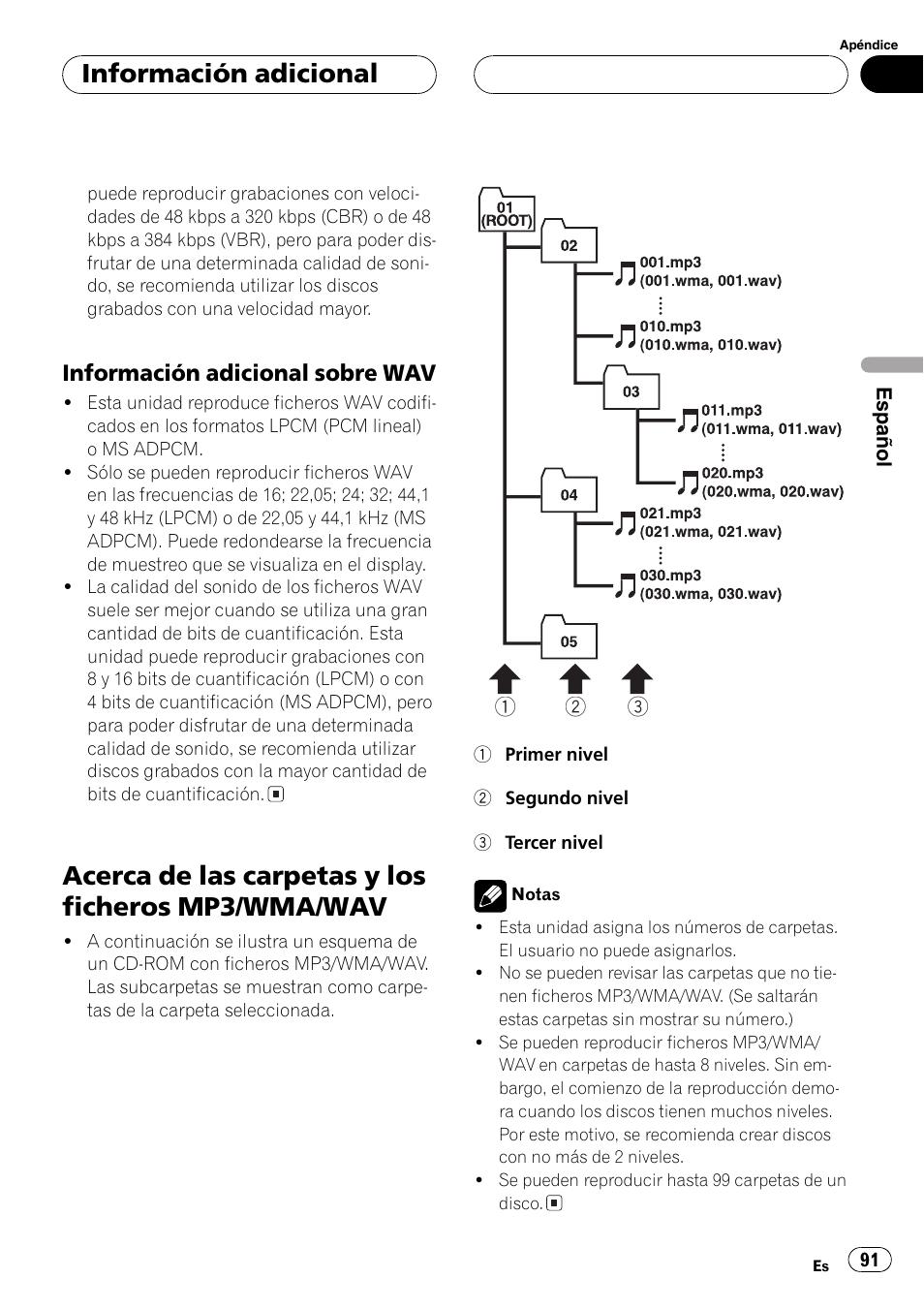 Información adicional sobre wav 91, Acerca de las carpetas y los ficheros mp3, Wma/wav 91 | Acerca de las carpetas y los ficheros mp3/wma/wav, Información adicional, Información adicional sobre wav | Pioneer DEH-P3600MPB User Manual | Page 91 / 95