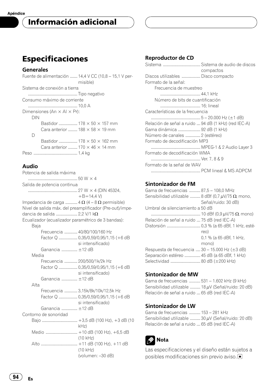 Especificaciones 94, Especificaciones, Información adicional | Pioneer DEH-P3600MPB User Manual | Page 94 / 95