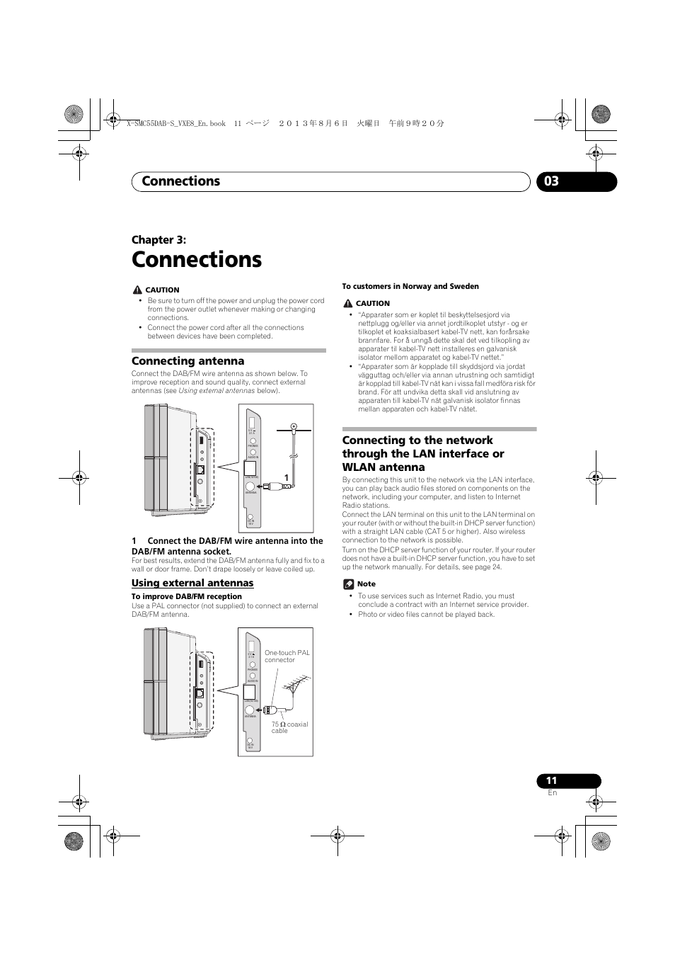 03 connections, Connecting antenna, Using external antennas | Connecting to the network through the lan, Interface or wlan antenna, Connections, Connections 03, Chapter 3 | Pioneer X-SMC55DAB-S User Manual | Page 11 / 56