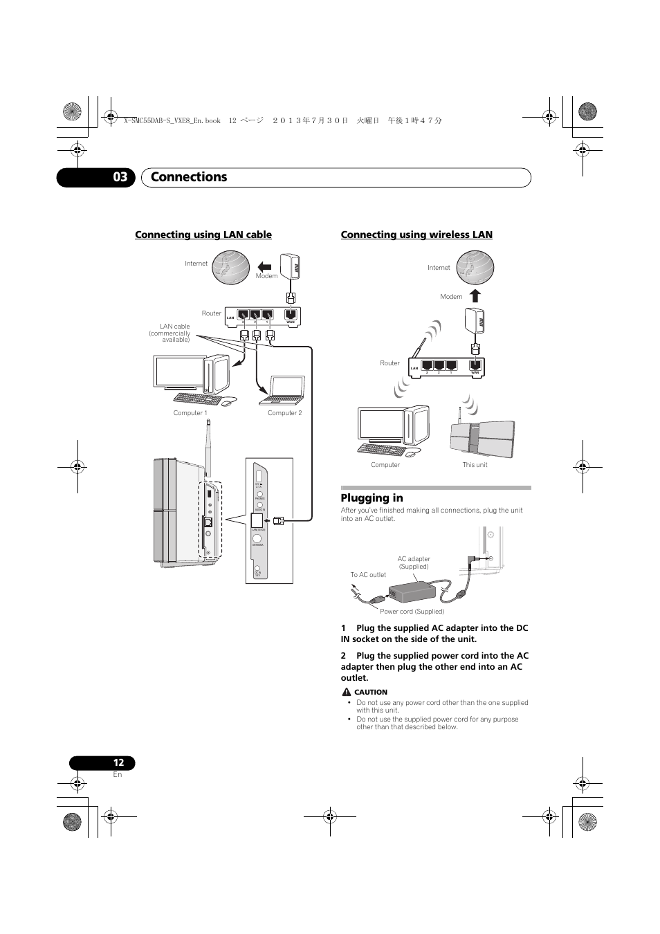 Connecting using lan cable, Connecting using wireless lan, Plugging in | Connections 03 | Pioneer X-SMC55DAB-S User Manual | Page 12 / 56