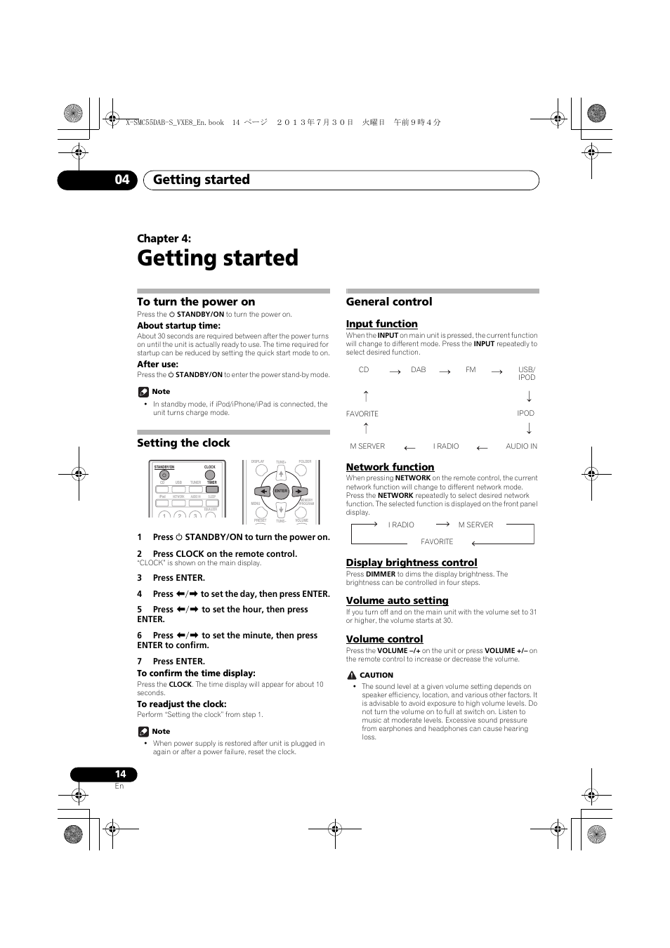 04 getting started, To turn the power on, Setting the clock | General control, Input function, Network function, Display brightness control, Volume auto setting, Volume control, Getting started | Pioneer X-SMC55DAB-S User Manual | Page 14 / 56