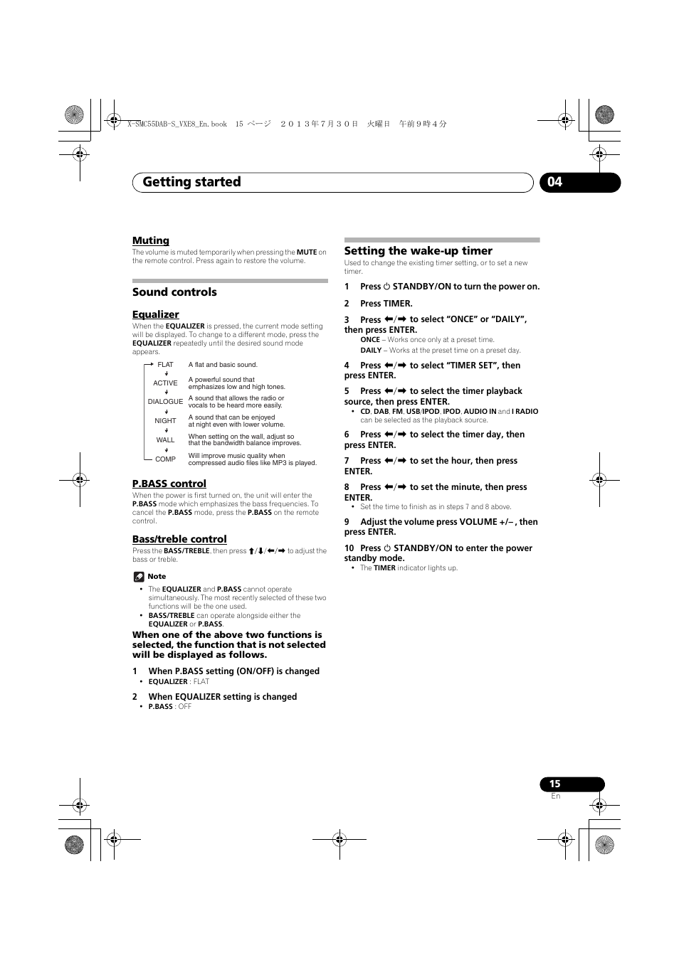 Muting, Sound controls, Equalizer | P.bass control, Bass/treble control, Setting the wake-up timer, Getting started 04 | Pioneer X-SMC55DAB-S User Manual | Page 15 / 56