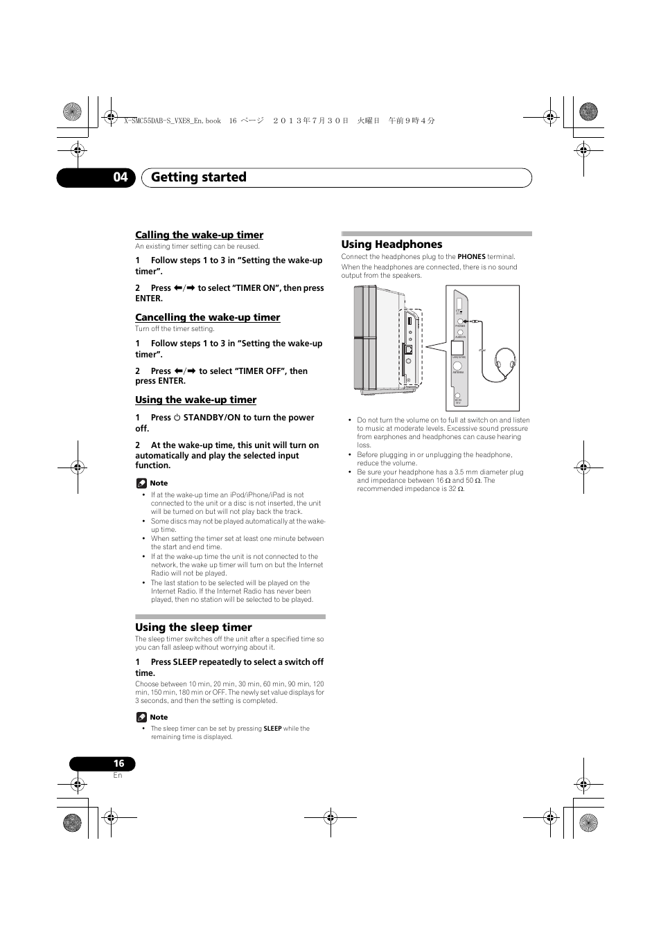 Calling the wake-up timer, Cancelling the wake-up timer, Using the wake-up timer | Using the sleep timer, Using headphones, Getting started 04 | Pioneer X-SMC55DAB-S User Manual | Page 16 / 56