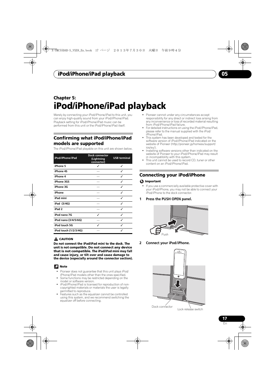 05 ipod/iphone/ipad playback, Confirming what ipod/iphone/ipad models, Are supported | Connecting your ipod/iphone, Ipod/iphone/ipad playback, Ipod/iphone/ipad playback 05, Chapter 5 | Pioneer X-SMC55DAB-S User Manual | Page 17 / 56