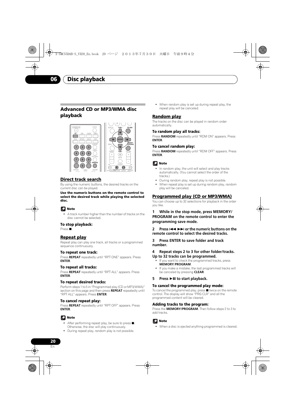 Advanced cd or mp3/wma disc playback, Direct track search, Repeat play | Random play, Programmed play (cd or mp3/wma), Disc playback 06 | Pioneer X-SMC55DAB-S User Manual | Page 20 / 56