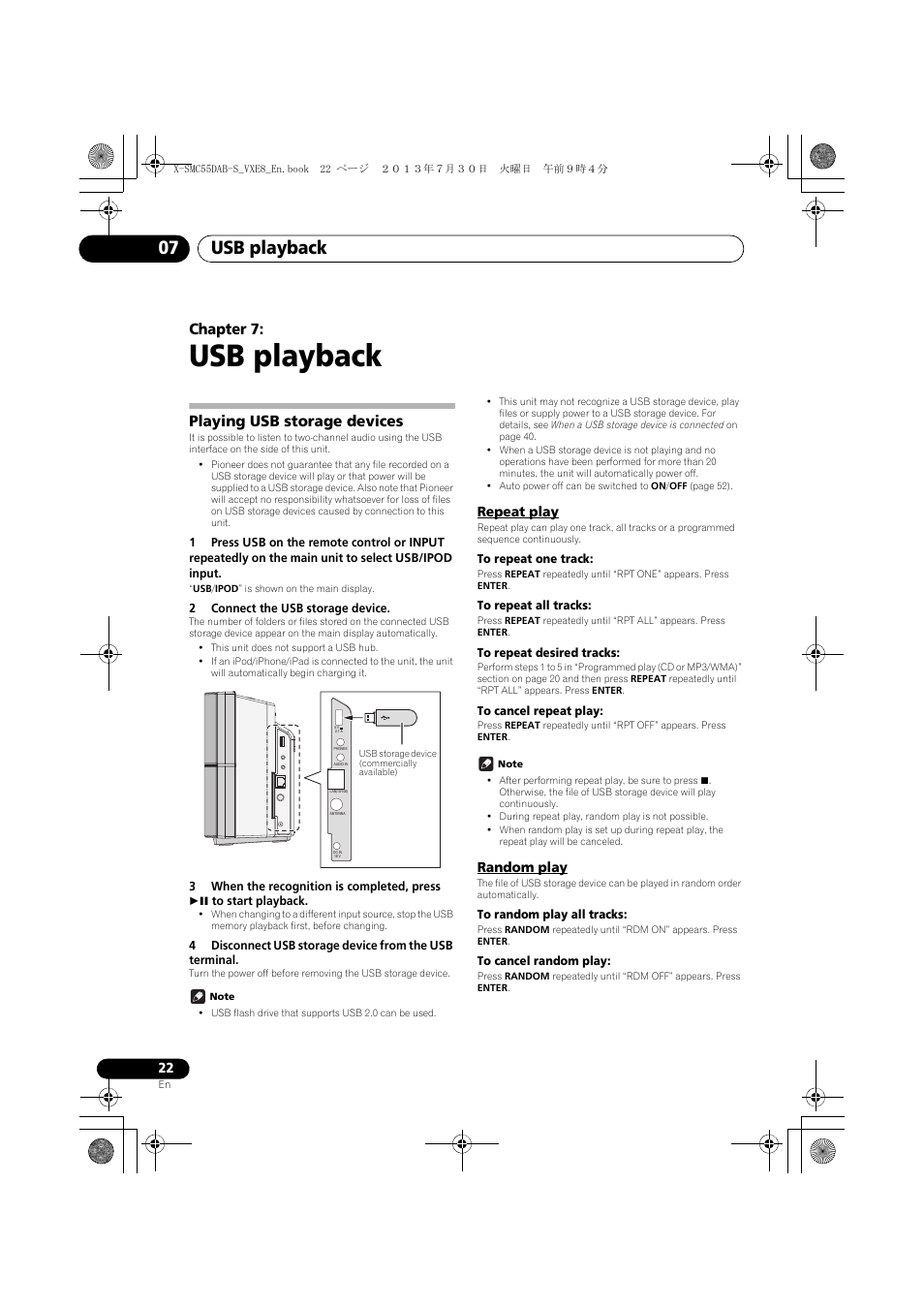 07 usb playback, Playing usb storage devices, Repeat play | Random play, Usb playback, Usb playback 07, Chapter 7 | Pioneer X-SMC55DAB-S User Manual | Page 22 / 56