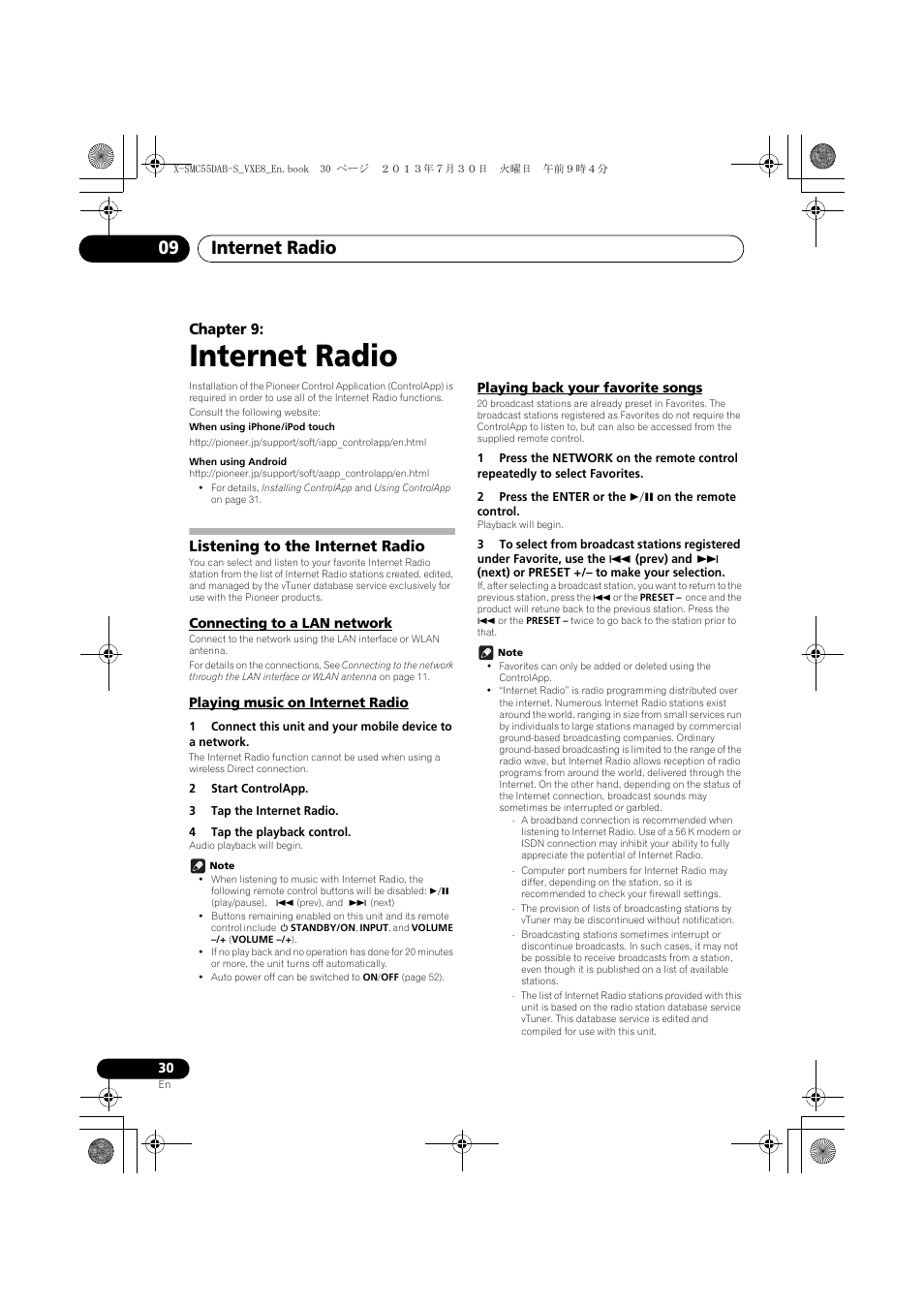 09 internet radio, Listening to the internet radio, Connecting to a lan network | Playing music on internet radio, Playing back your favorite songs, Internet radio, Internet radio 09, Chapter 9 | Pioneer X-SMC55DAB-S User Manual | Page 30 / 56