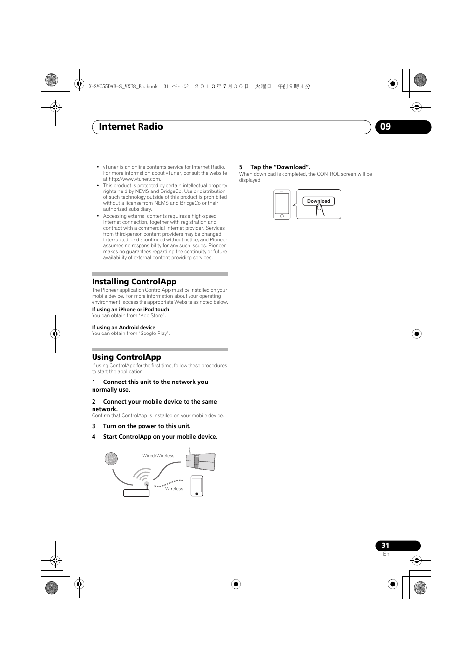 Installing controlapp, Using controlapp, Internet radio 09 | Pioneer X-SMC55DAB-S User Manual | Page 31 / 56