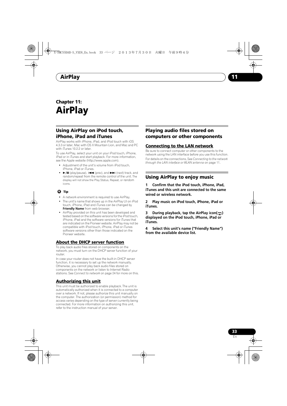 11 airplay, Using airplay on ipod touch, iphone, ipad and, Itunes | About the dhcp server function, Authorizing this unit, Playing audio files stored on computers or other, Components, Connecting to the lan network, Using airplay to enjoy music, Airplay | Pioneer X-SMC55DAB-S User Manual | Page 33 / 56