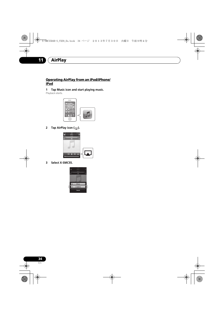 Operating airplay from an ipod/iphone/ipad, Airplay 11 | Pioneer X-SMC55DAB-S User Manual | Page 34 / 56