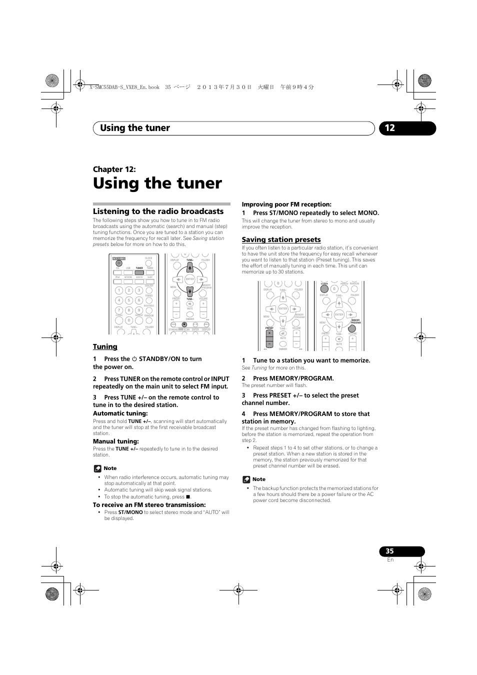 12 using the tuner, Listening to the radio broadcasts, Tuning | Saving station presets, Using the tuner, Using the tuner 12, Chapter 12, Manual tuning | Pioneer X-SMC55DAB-S User Manual | Page 35 / 56