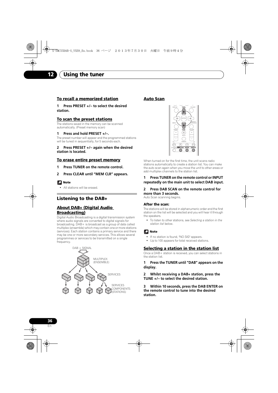 To recall a memorized station, To scan the preset stations, To erase entire preset memory | Listening to the dab, About dab+ (digital audio broadcasting), Auto scan, Selecting a station in the station list, Using the tuner 12 | Pioneer X-SMC55DAB-S User Manual | Page 36 / 56