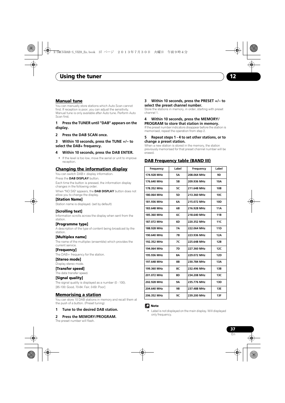 Manual tune, Changing the information display, Memorising a station | Dab frequency table (band iii), Using the tuner 12 | Pioneer X-SMC55DAB-S User Manual | Page 37 / 56