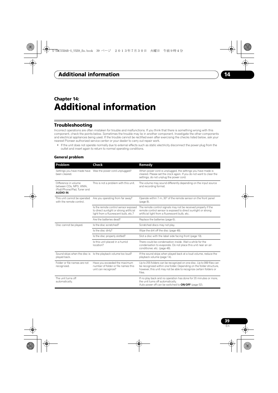 14 additional information, Troubleshooting, Additional information | Additional information 14, Chapter 14 | Pioneer X-SMC55DAB-S User Manual | Page 39 / 56
