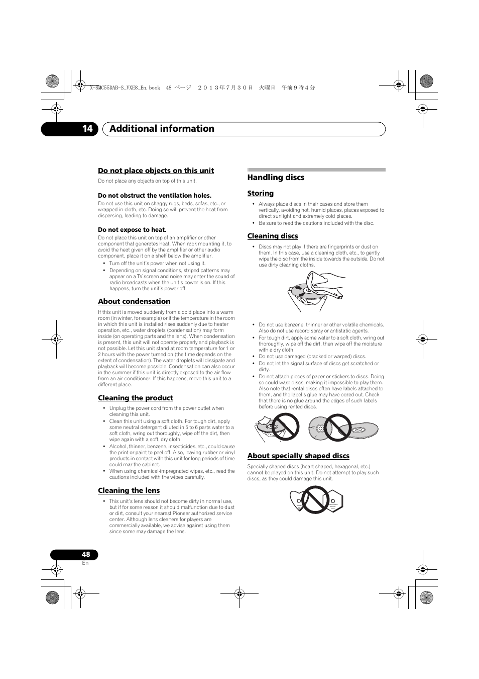 Do not place objects on this unit, About condensation, Cleaning the product | Cleaning the lens, Handling discs, Storing, Cleaning discs, About specially shaped discs, Additional information 14 | Pioneer X-SMC55DAB-S User Manual | Page 48 / 56