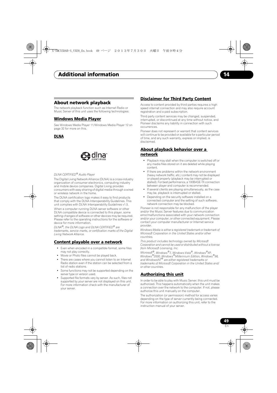 About network playback, Windows media player, Dlna | Content playable over a network, Disclaimer for third party content, About playback behavior over a network, Authorizing this unit, Additional information 14 | Pioneer X-SMC55DAB-S User Manual | Page 49 / 56