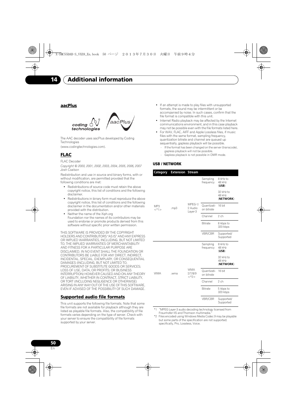 Aacplus, Flac, Supported audio file formats | Additional information 14 | Pioneer X-SMC55DAB-S User Manual | Page 50 / 56