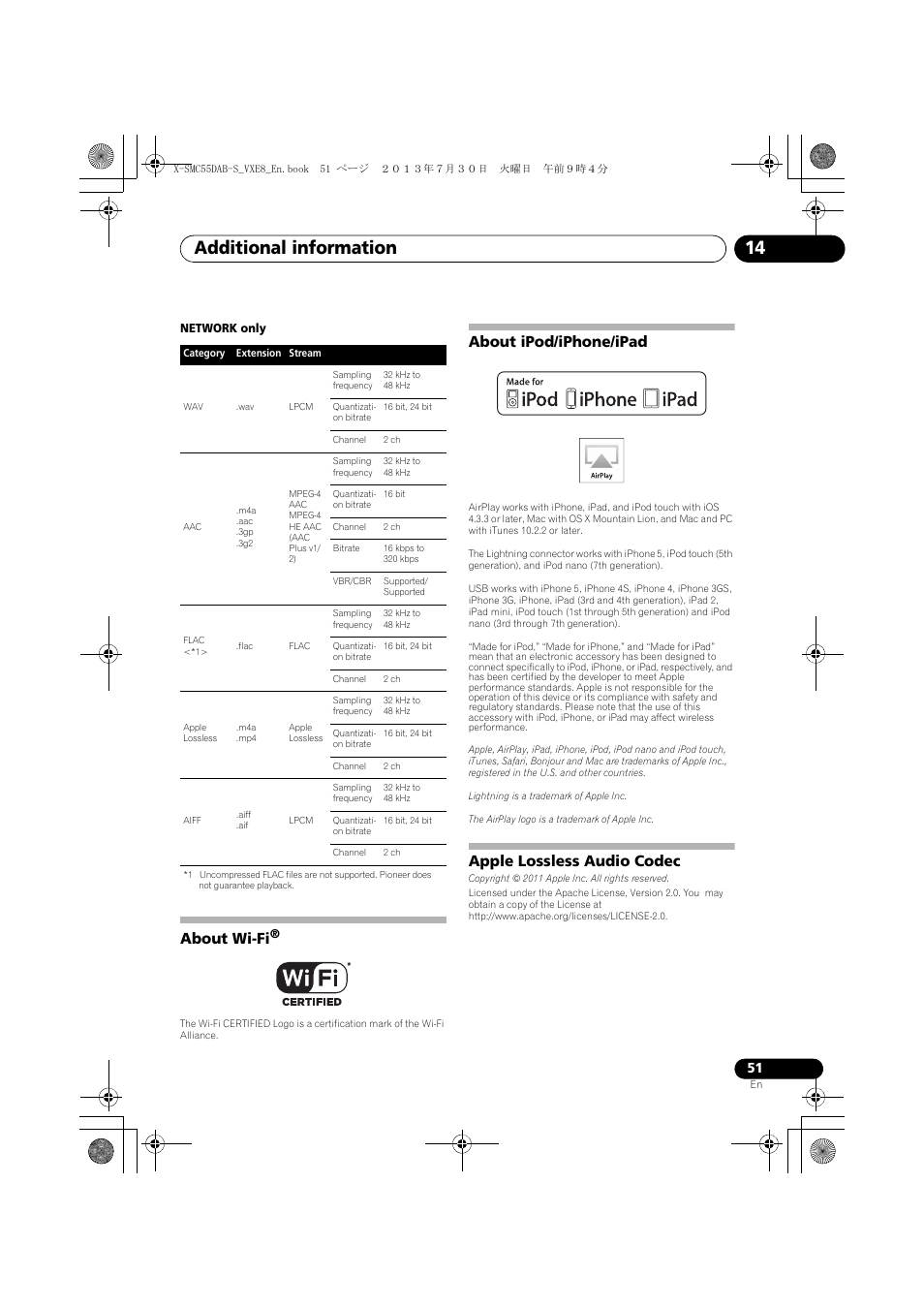 About wi-fi, About ipod/iphone/ipad, Apple lossless audio codec | Additional information 14 | Pioneer X-SMC55DAB-S User Manual | Page 51 / 56