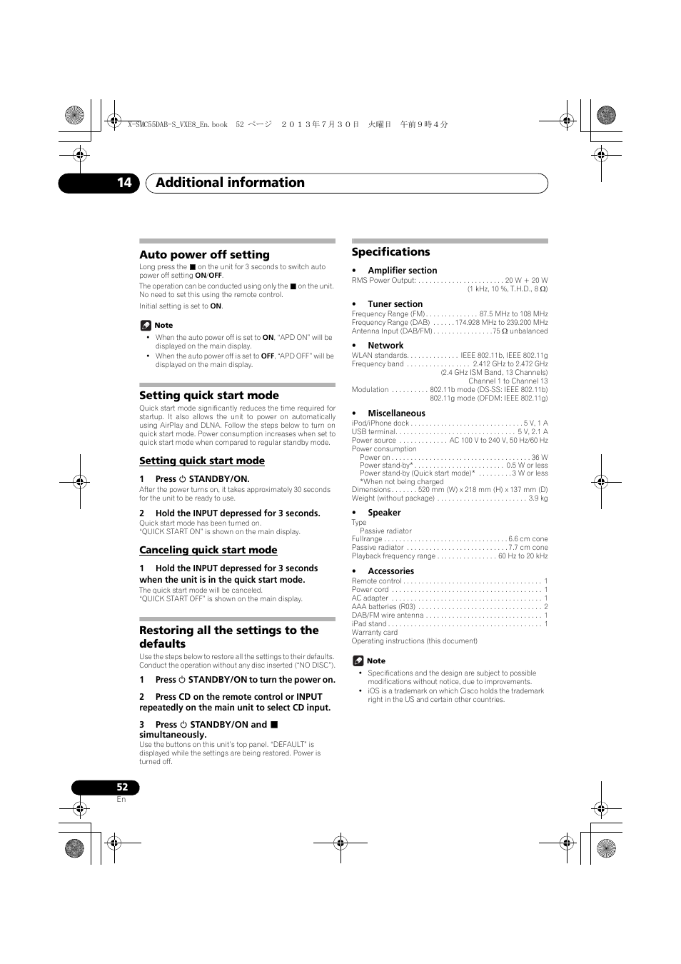 Auto power off setting, Setting quick start mode, Canceling quick start mode | Restoring all the settings to the defaults, Specifications, Additional information 14 | Pioneer X-SMC55DAB-S User Manual | Page 52 / 56