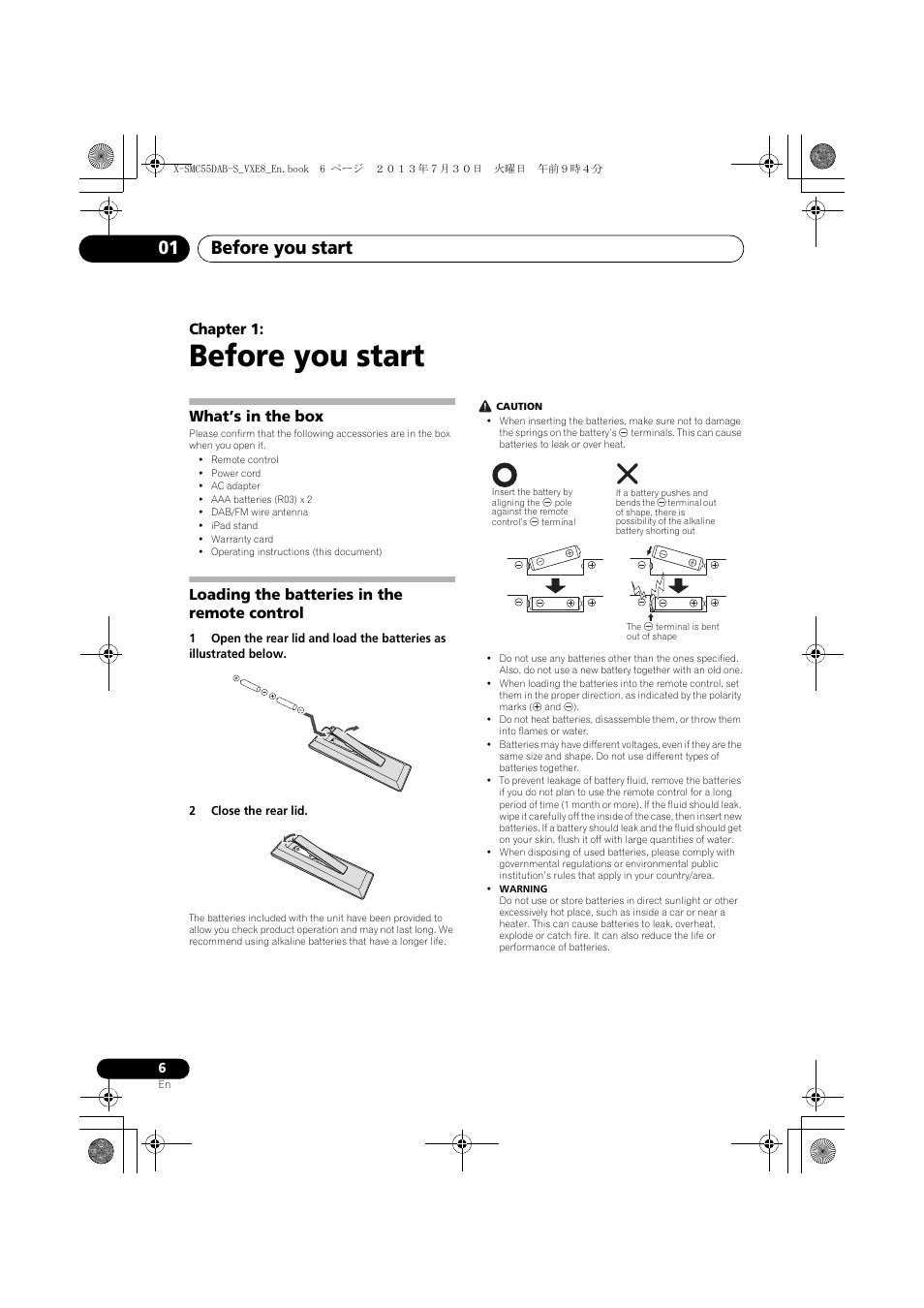 01 before you start, What’s in the box, Loading the batteries in the remote control | Before you start, Before you start 01, Chapter 1 | Pioneer X-SMC55DAB-S User Manual | Page 6 / 56