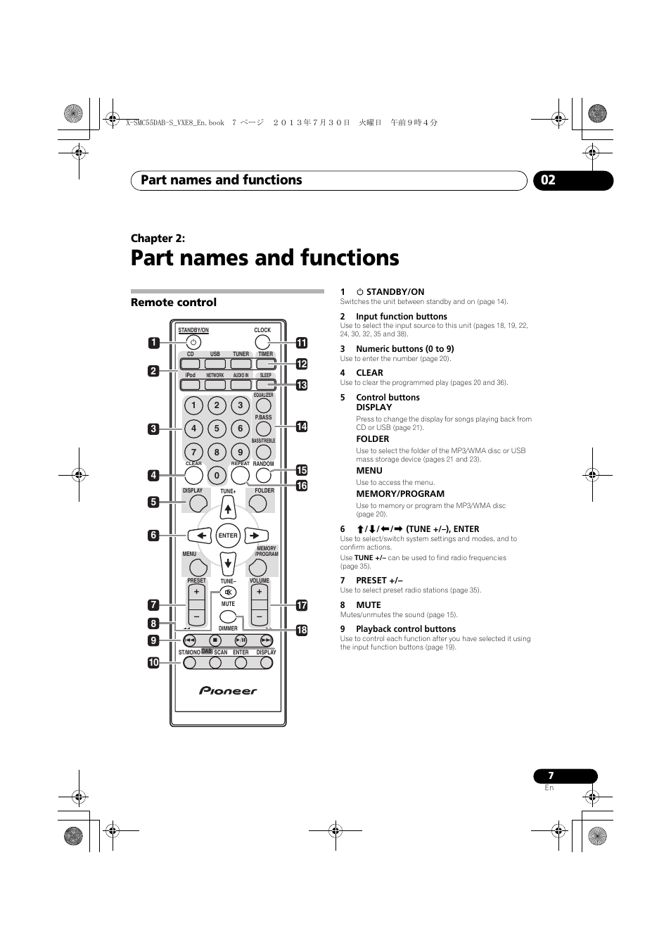 02 part names and functions, Remote control, Part names and functions | Part names and functions 02, Chapter 2 | Pioneer X-SMC55DAB-S User Manual | Page 7 / 56