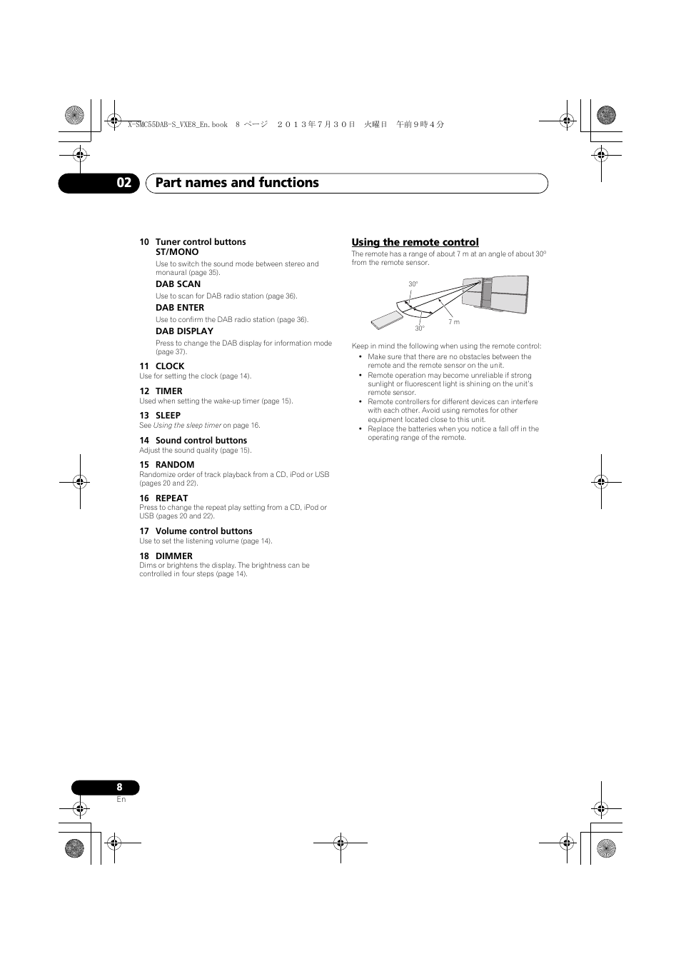 Using the remote control, Part names and functions 02 | Pioneer X-SMC55DAB-S User Manual | Page 8 / 56