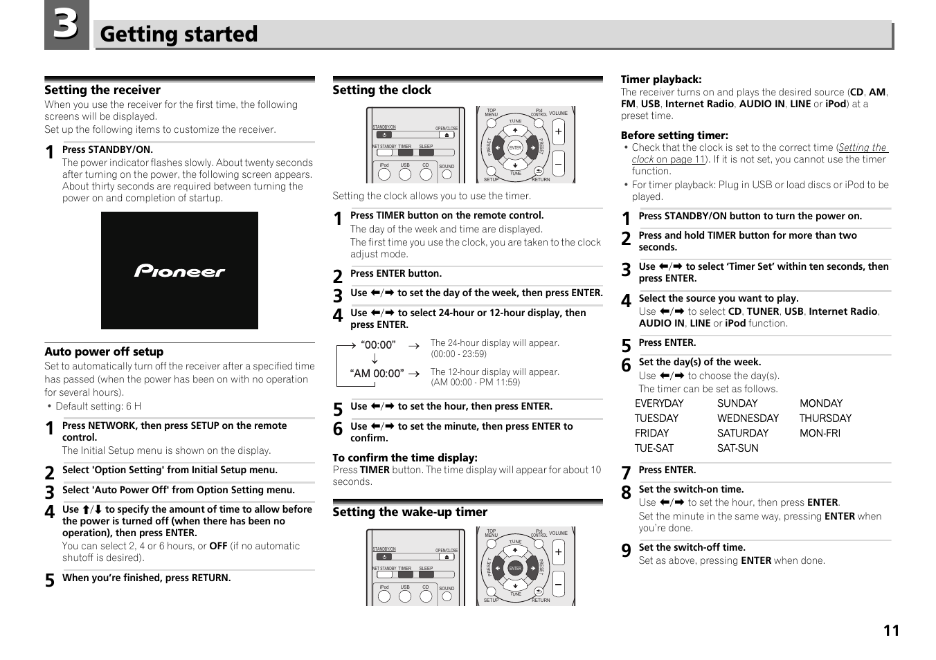 03 getting started, Setting the receiver, Setting the clock | Setting the wake-up timer, Getting started | Pioneer X-HM71-S User Manual | Page 11 / 42