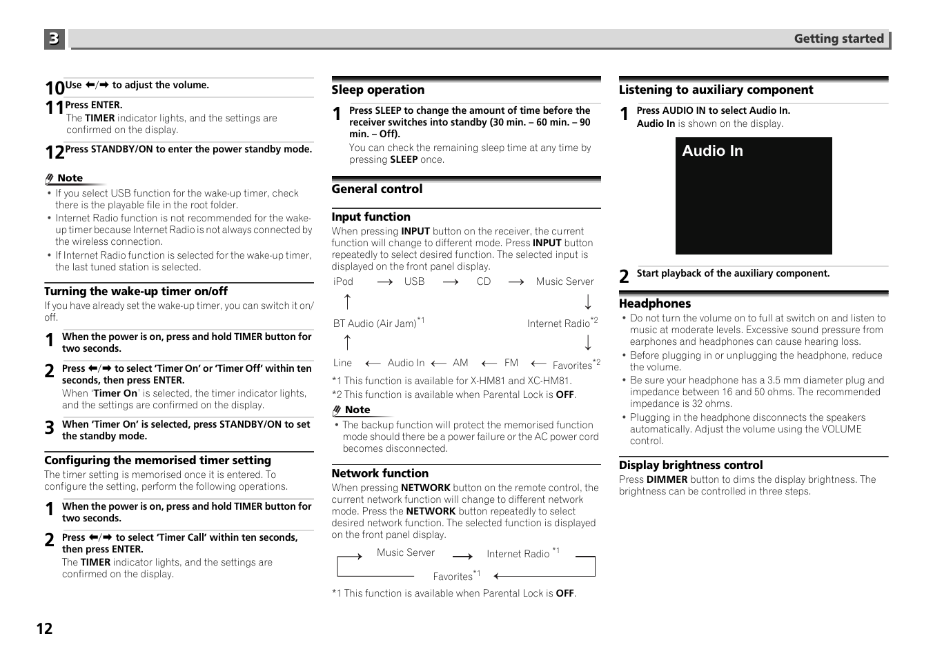 Sleep operation, General control, Listening to auxiliary component | Headphones, Audio in | Pioneer X-HM71-S User Manual | Page 12 / 42