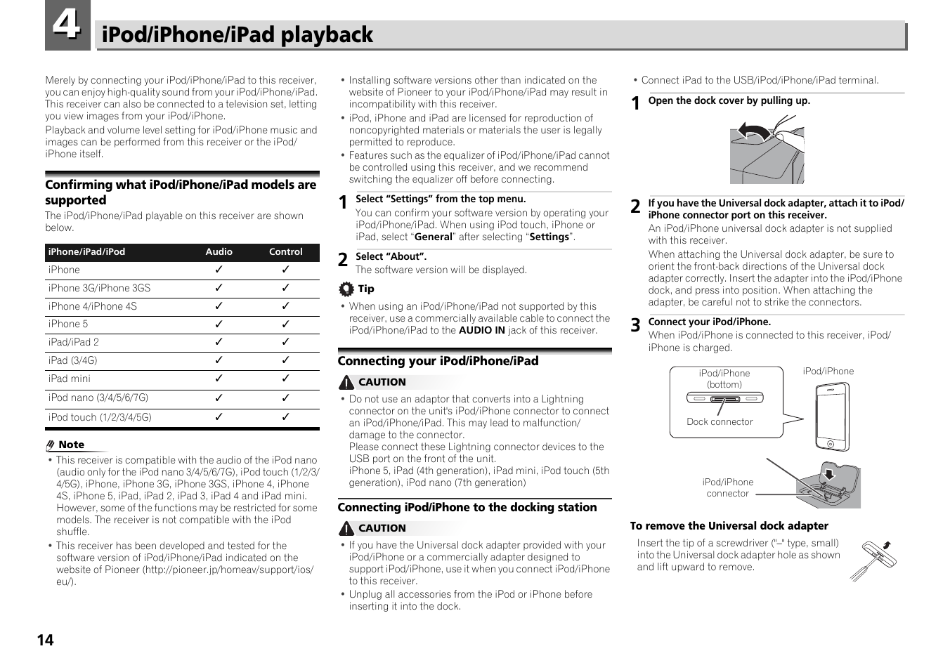 04 ipod/iphone/ipad playback, Confirming what ipod/iphone/ipad models are, Supported | Connecting your ipod/iphone/ipad, Ipod/iphone/ipad playback | Pioneer X-HM71-S User Manual | Page 14 / 42