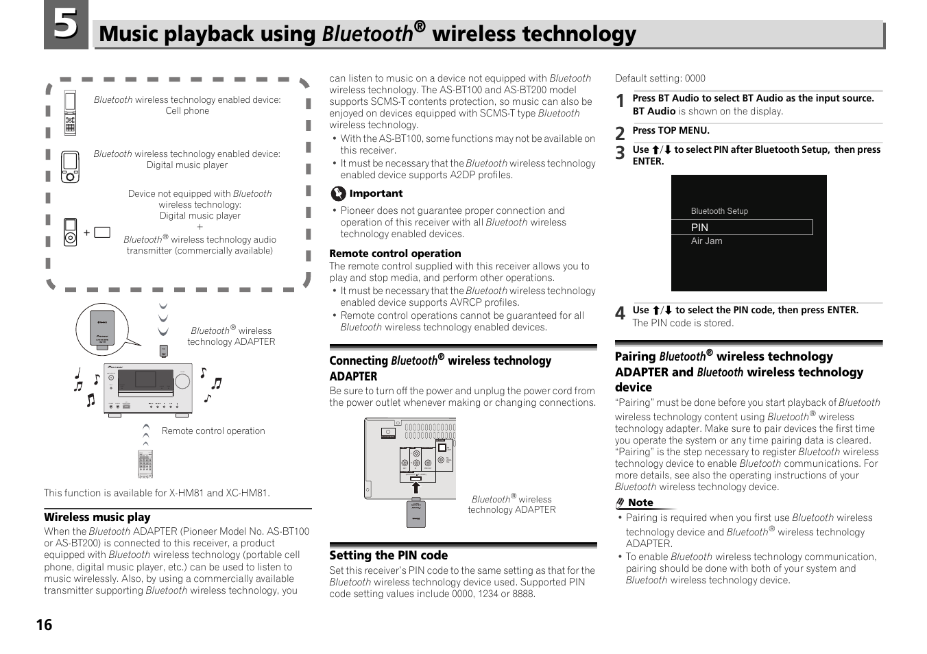 Connecting bluetooth ® wireless technology adapter, Setting the pin code, Bluetooth wireless technology device | Music playback using bluetooth, Wireless technology | Pioneer X-HM71-S User Manual | Page 16 / 42