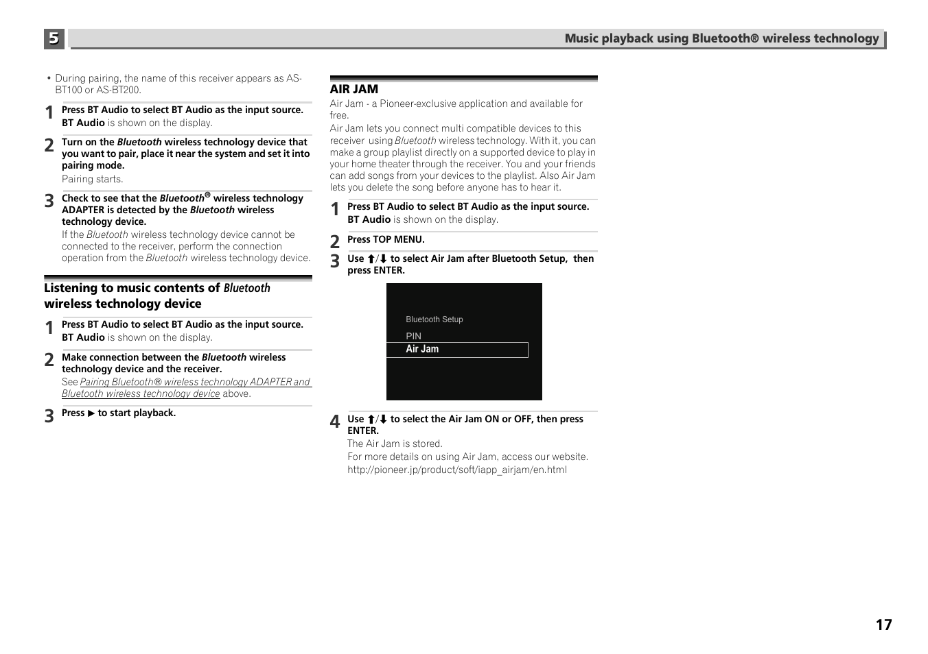 Listening to music contents of bluetooth wireless, Technology device, Air jam | Pioneer X-HM71-S User Manual | Page 17 / 42