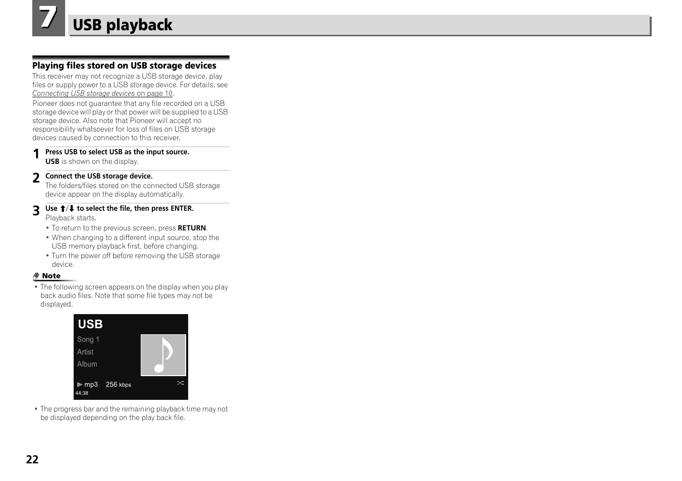 07 usb playback, Playing files stored on usb storage devices, Usb playback | Pioneer X-HM71-S User Manual | Page 22 / 42